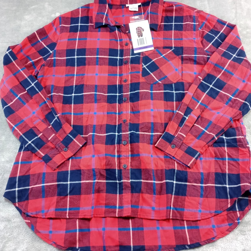 Beachlunchlounge Shirt Womens XXL Red Navy Plaid Cotton Button‎ Front Casual